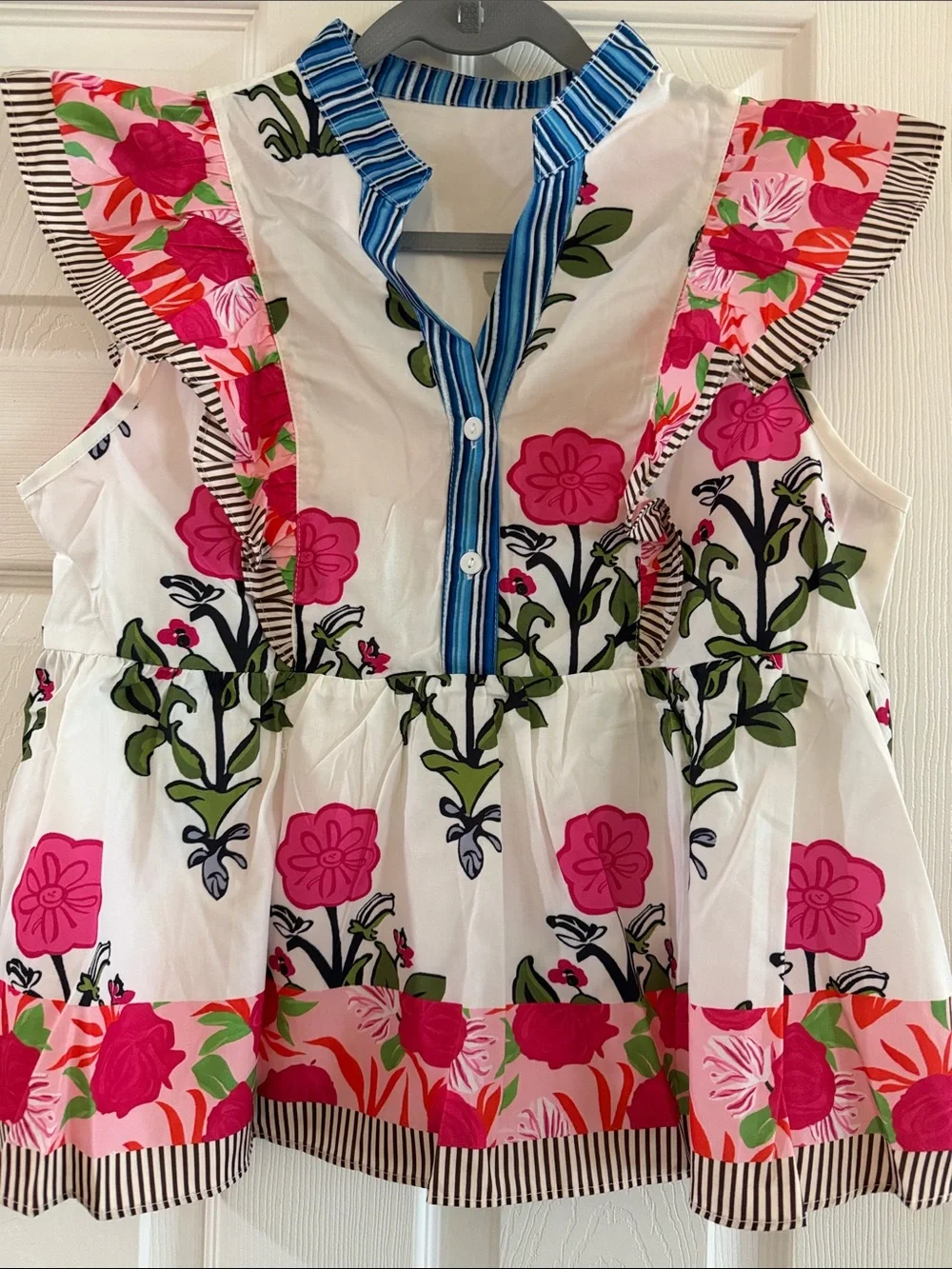 Women’s Floral Ruffle Top - White with Pink Flowers - Picture 2 of 10